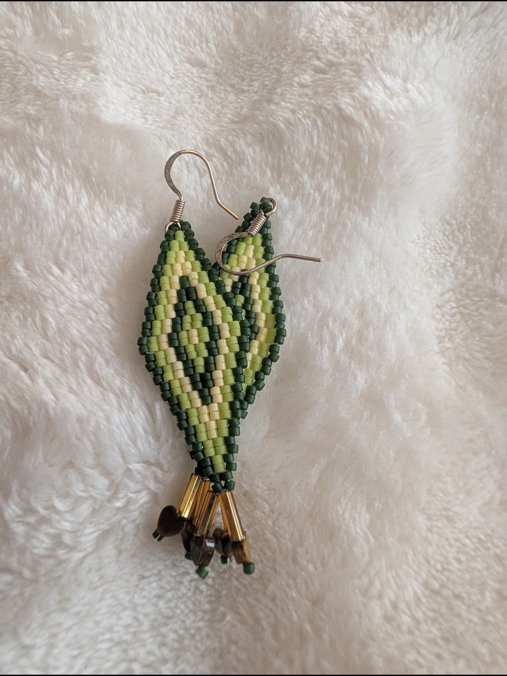 Artisan Green Beaded Leaf Earrings with Gold Accents